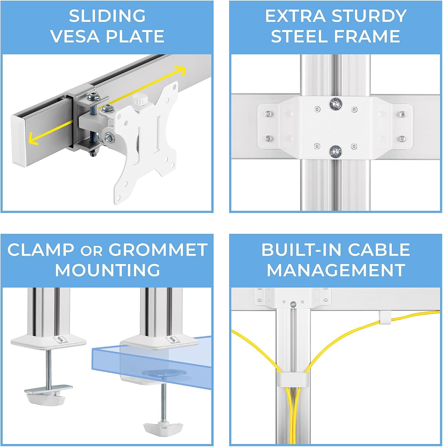 Stand Steady 4 Monitor Mount Desk Setup - Heavy-Duty Height Adjustable Monitor Stand, Swivel Arm with Clamp-On Base, Four Screen VESA Mount Fits Most LCD/LED Monitors 17-32 in. (Silver, 4 Mounts)