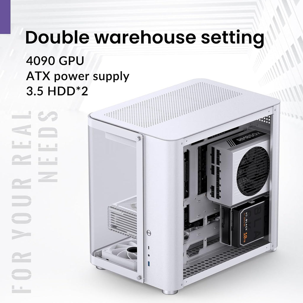 JONSBO TK-2 White ATX Mid-Tower Pc Case,Hyperboloid Glass Design, Separated Cabinet Structure, Al Alloy Shell Desktop Computer Case, Support BTF Motherboard/ATX Power supply/360 AIO,White