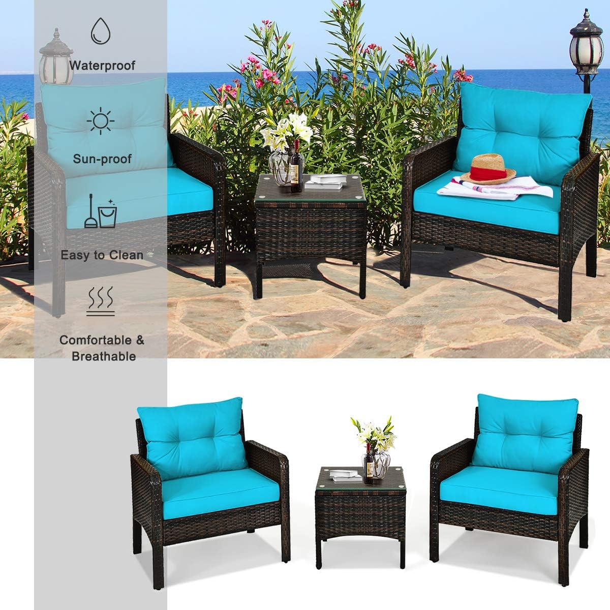 COSTWAY 3PCS Patio Furniture Set, Outdoor Wicker Cushioned Sofa Set with Coffee Table, All Weather Rattan Conversation Set for Garden Balcony Backyard Poolside Lawn, Turquoise