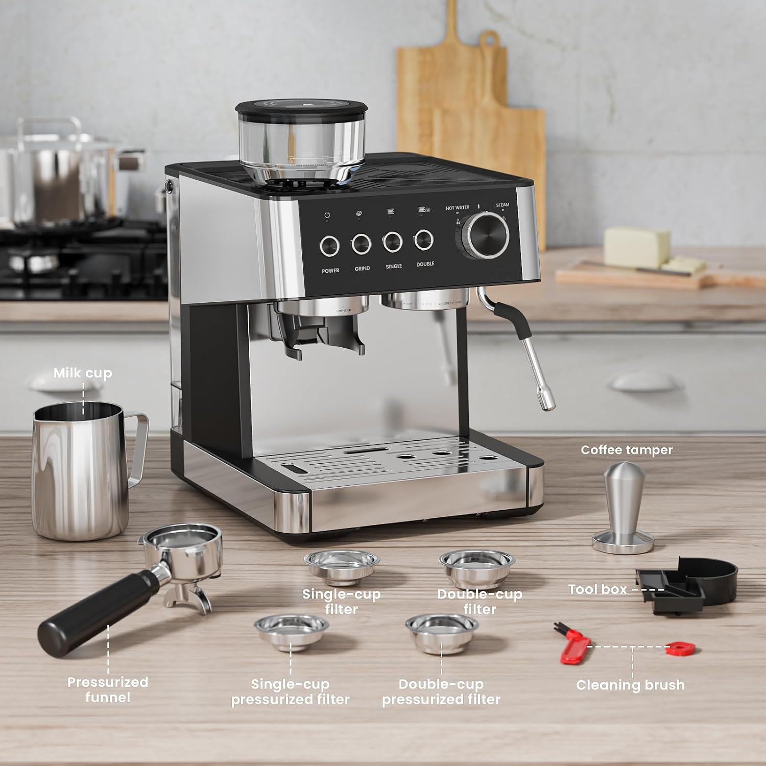 WAA Espresso Machine 20 Bar, Expresso Coffee Machines with Grinder, Espresso Maker with Milk Frother Steam Wand, Latte & Cappuccino Machine with Removable Water Tank for Home, Stainless Steel