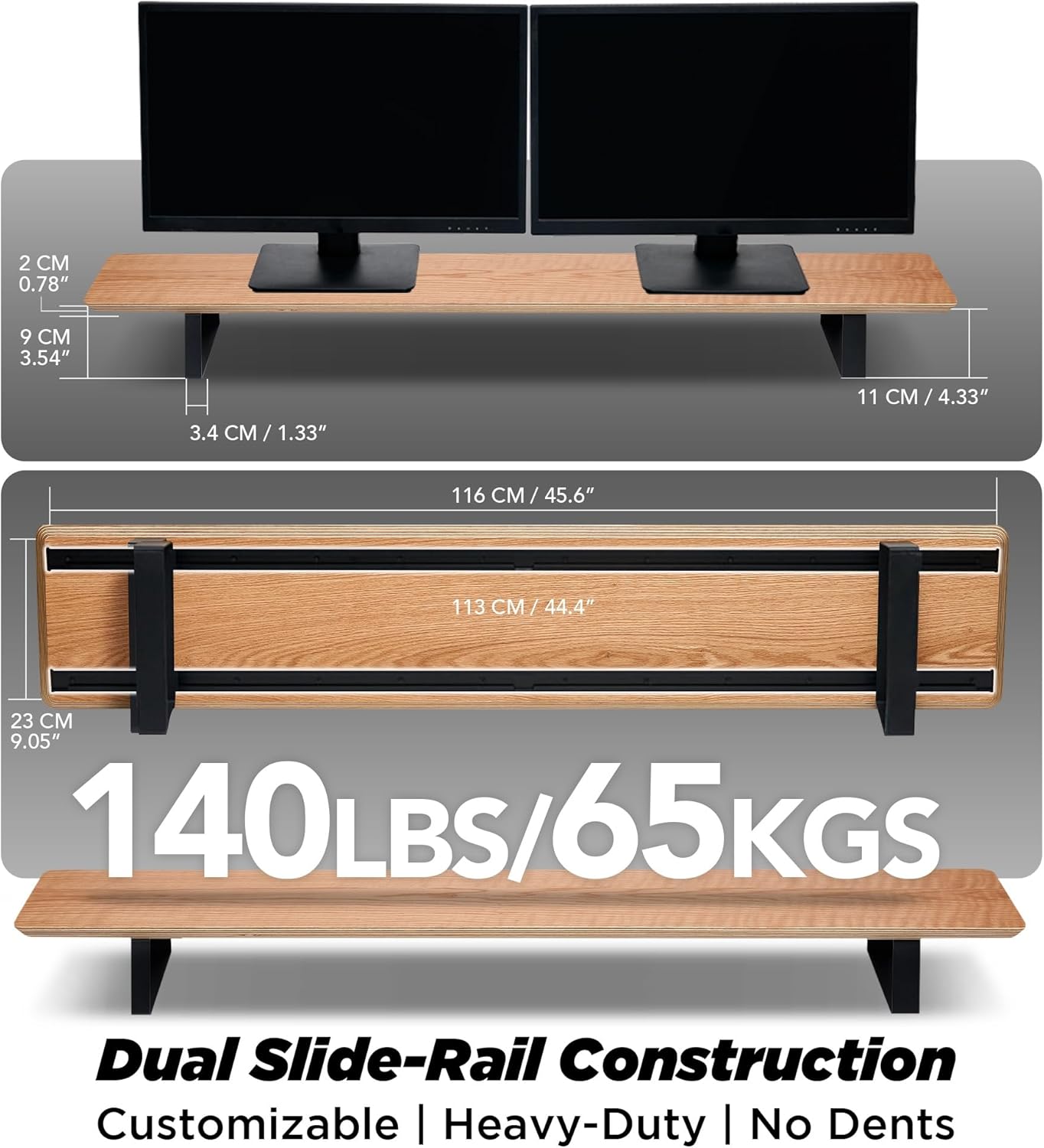 ULTRARM Moodular Wooden Monitor Stand 45.6' (116cm) Large Desk Organizer with Metal Slide Rails for Drawer, Tray, Laptop, Tablet, Phone & Headphones Customizable Riser for Organized Workspace Oak