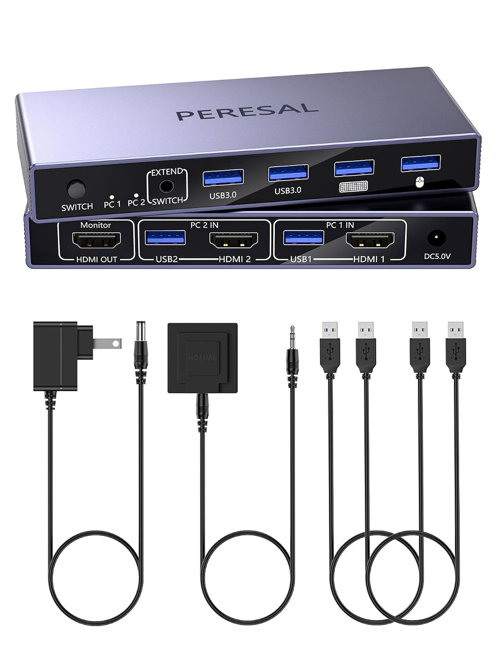 HDMI KVM Switch 1 Monitor 2 Computers, 8K@60Hz USB 3.0 KVM Switcher with 4 USB Ports for 2 Computers Share Keyboard Mouse Printer, Include Desktop Controller, 2 USB Cables and Power Adapter