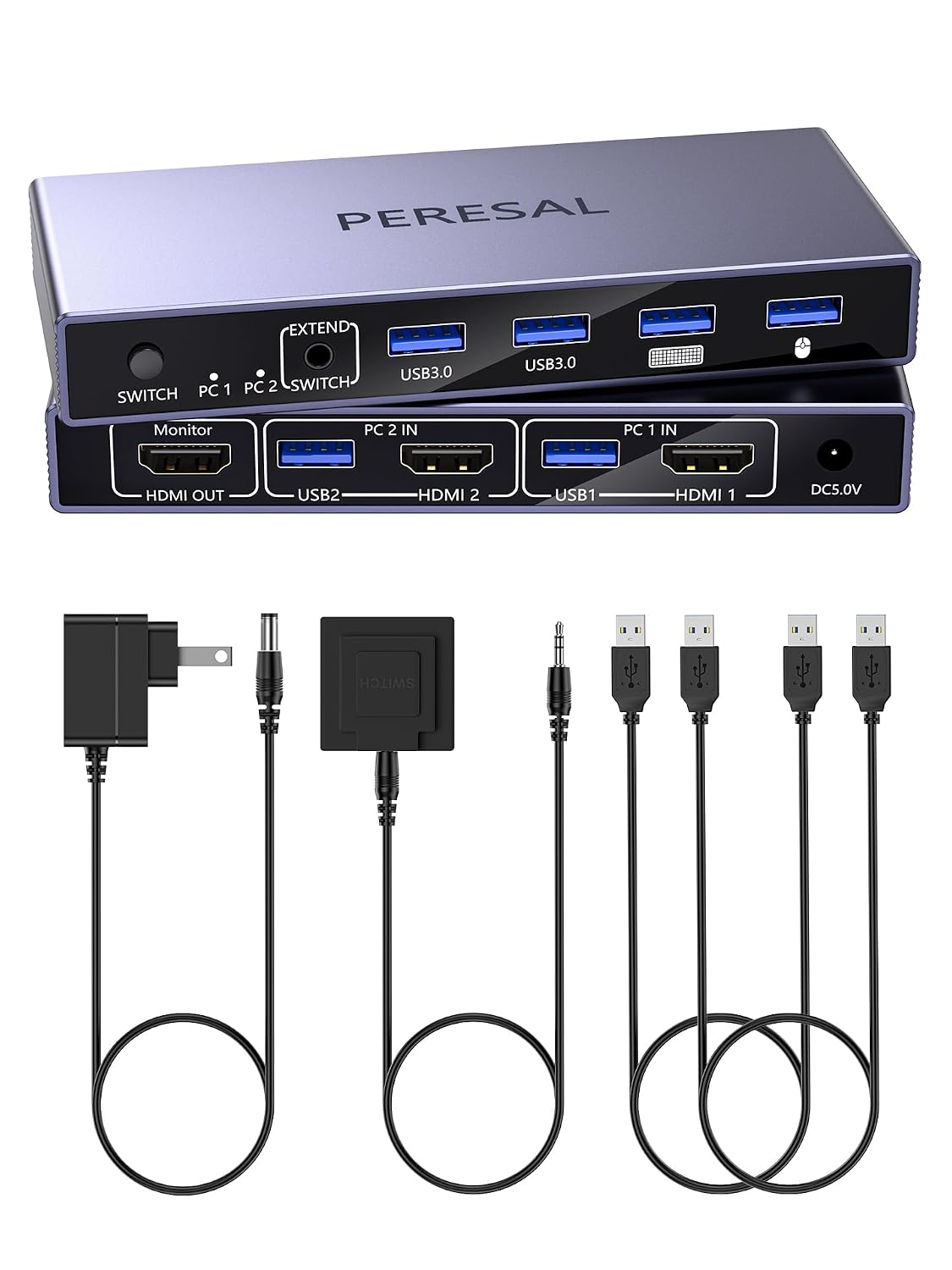HDMI KVM Switch 1 Monitor 2 Computers, 8K@60Hz USB 3.0 KVM Switcher with 4 USB Ports for 2 Computers Share Keyboard Mouse Printer, Include Desktop Controller, 2 USB Cables and Power Adapter