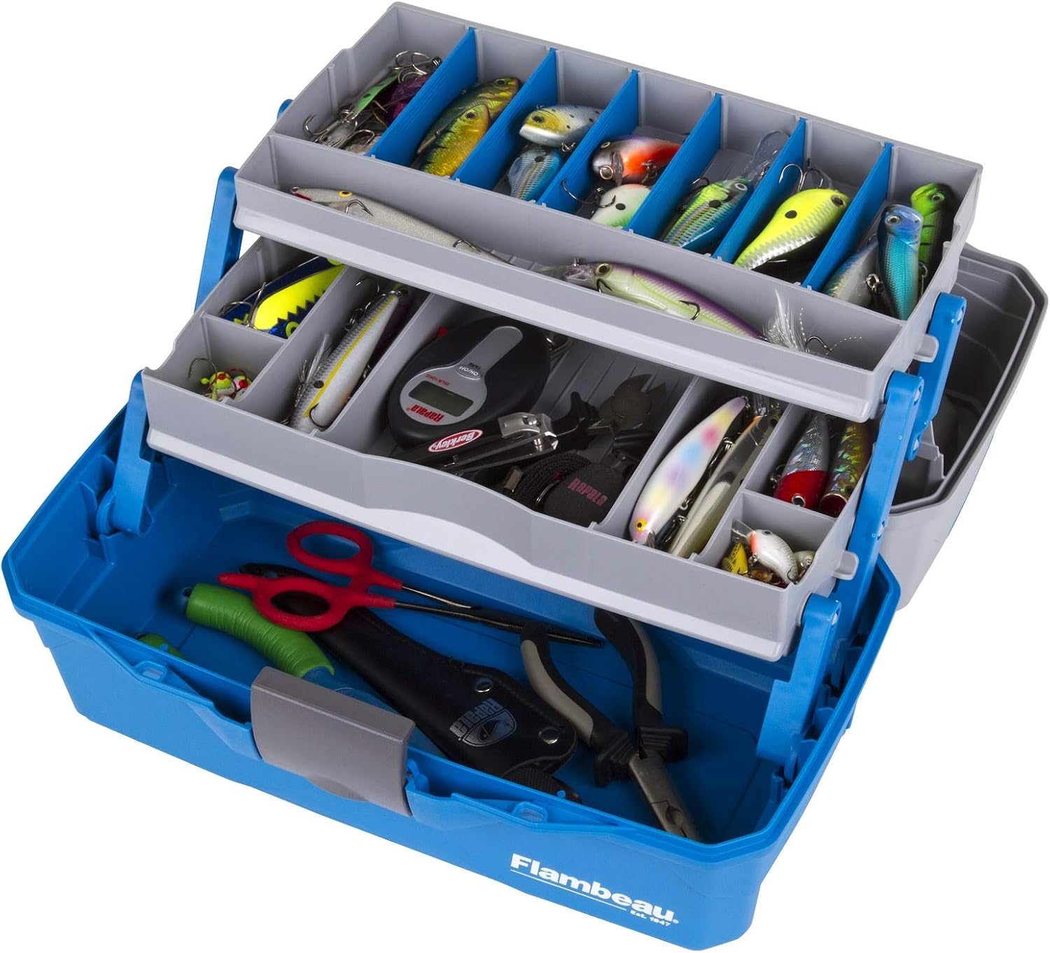 Flambeau Outdoors 6382TB 2-Tray Tackle Box - Classic Fishing Lure Storage Organizer,Medium Portable Tackle Box,15 Tray Compartments,Blue/Gray,(Pack of 6)