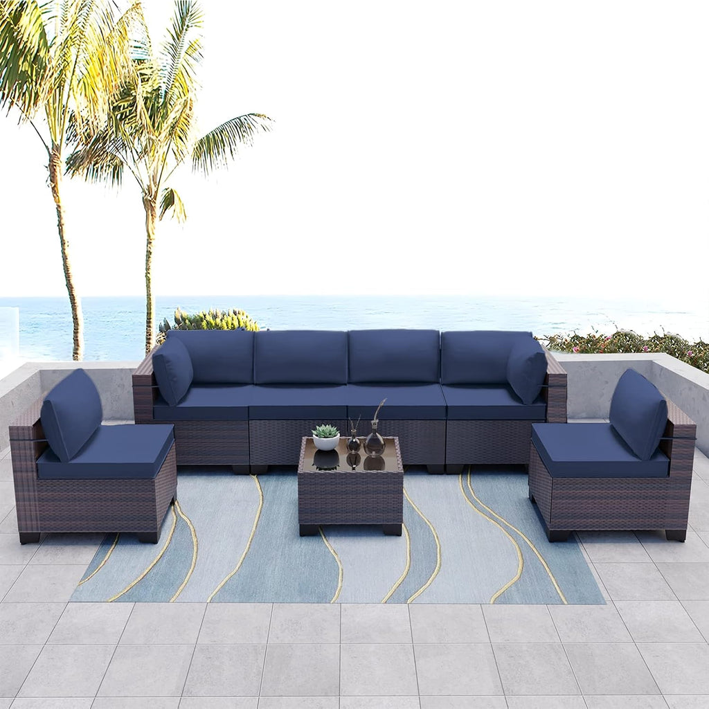 Kullavik 7 Pieces Outdoor Patio Furniture Set,Sectional Rattan Sofa Set Brown PE Rattan Wicker Patio Conversation Set with Tempered Glass Coffee Table and Washable Cushions Covers,Navy Blue