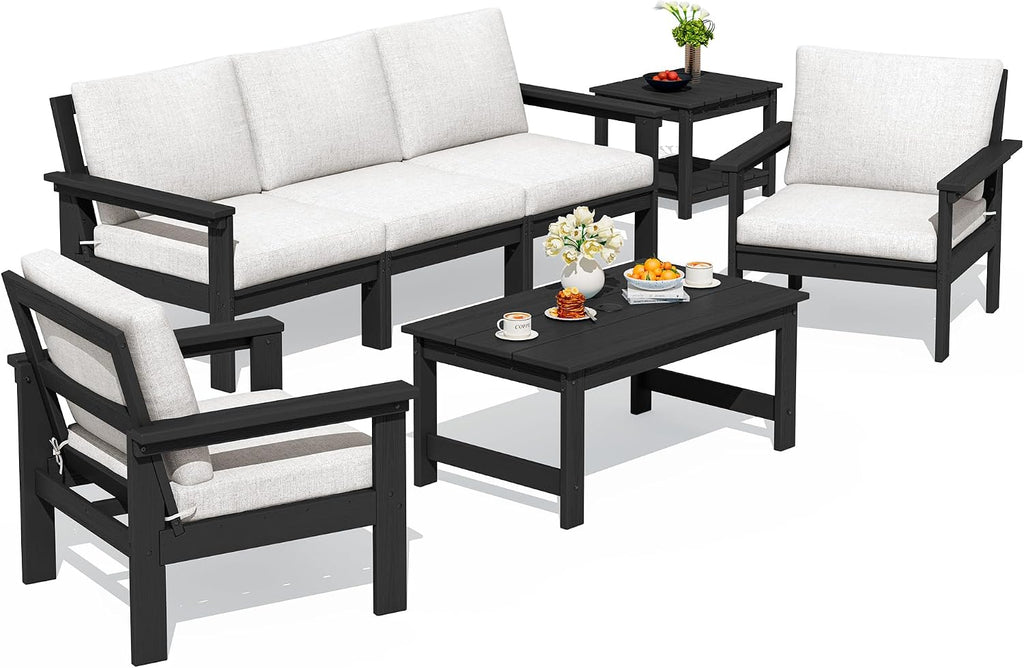 SERWALL HDPE Patio Furniture Set, 7-piece Outdoor Sectional Sofa Set, All Weather Outdoor Couch Set for Deck, Lawn, Black Frame with Khaki Cushion