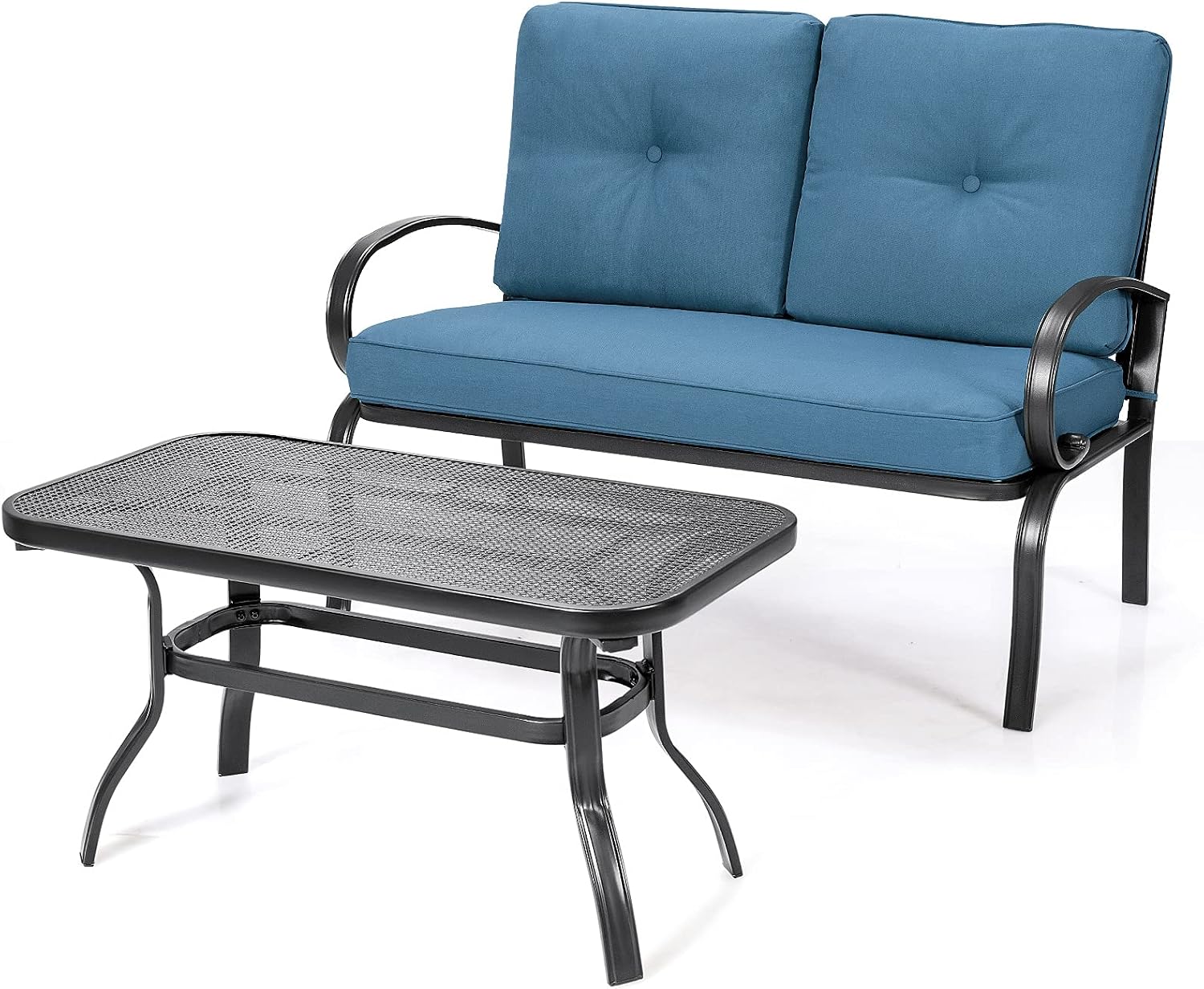 Giantex Patio Loveseat with Coffee Table Outdoor Bench with Cushion and Metal Frame, Loveseat Porch Furniture Set Sofa for Garden, Yard, Patio or Poolside (Navy & Black)