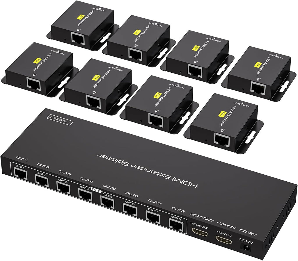 VPFET HDMI Extender Splitter Over Ethernet 1 in 8 Out Cat5e or 6 Up to 165FT 50m HD1080P 60Hz 3D with Port Loop Out Support EDID POC Suitable for Projection Exhibition Presentations