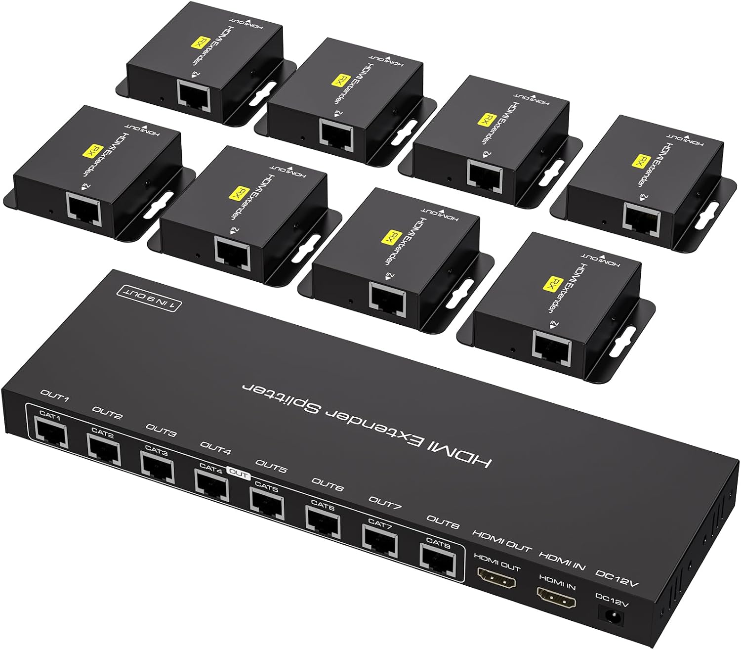 VPFET HDMI Extender Splitter Over Ethernet 1 in 8 Out Cat5e or 6 Up to 165FT 50m HD1080P 60Hz 3D with Port Loop Out Support EDID POC Suitable for Projection Exhibition Presentations
