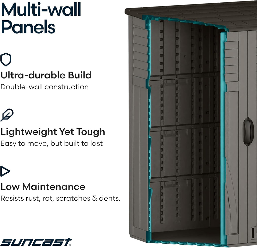 Suncast Outdoor Storage Cabinet Waterproof Resin Vertical Outdoor Storage Shed (54 cu. ft.) for Patio, Garden Tools, Cushions, & Equipment. Weatherproof Plastic Multi-Wall Design, Capacity Made in USA