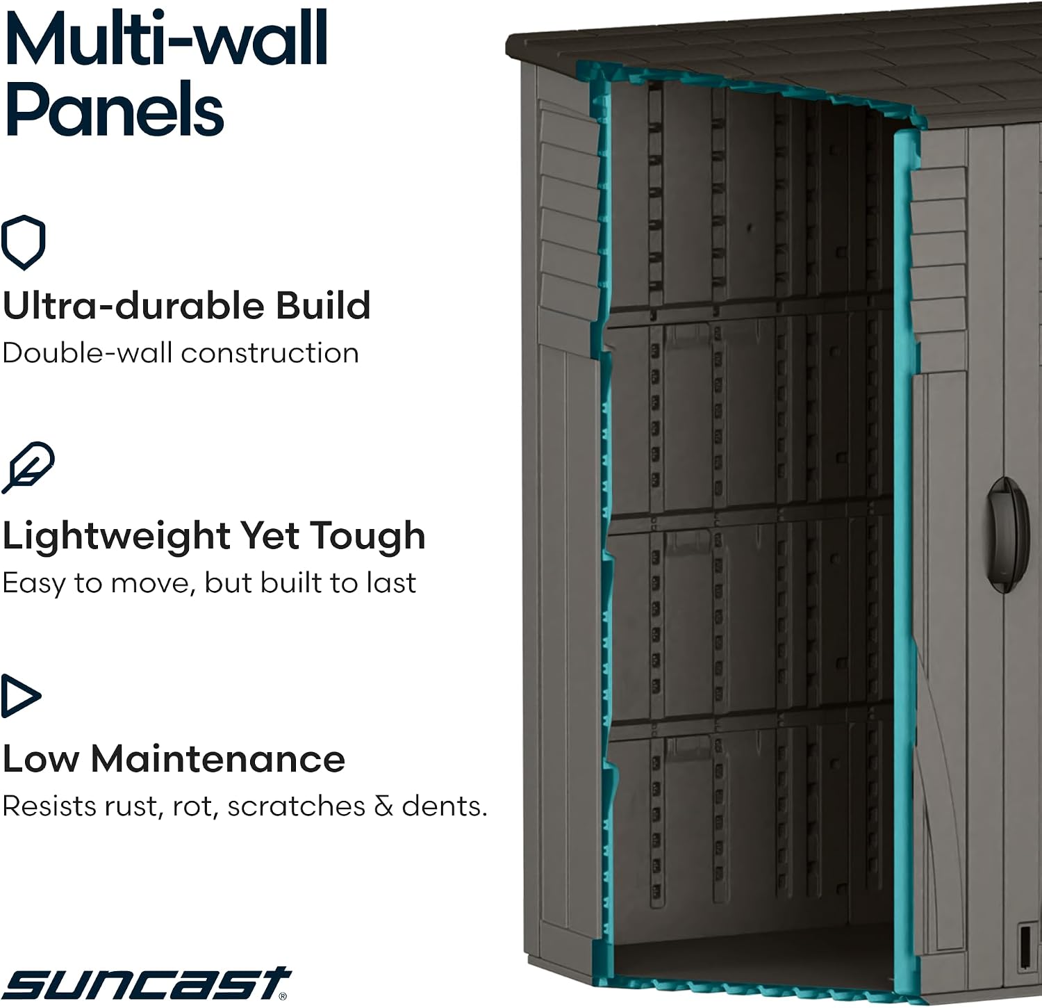 Suncast Outdoor Storage Cabinet Waterproof Resin Vertical Outdoor Storage Shed (54 cu. ft.) for Patio, Garden Tools, Cushions, & Equipment. Weatherproof Plastic Multi-Wall Design, Capacity Made in USA