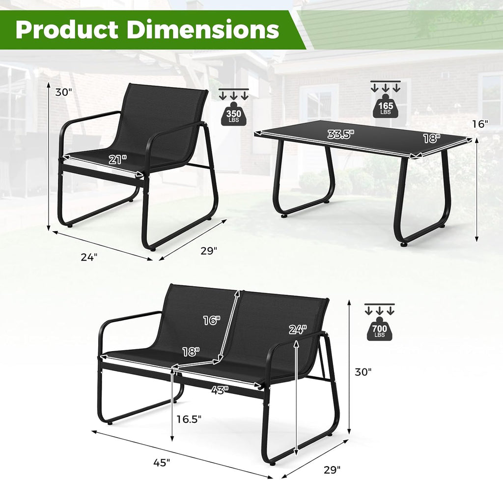 Tangkula 4 Piece Patio Furniture Set, Outdoor Metal Conversation Chair & Coffee Table Set with Mesh Seat Fabric & Tempered Glass Tabletop, Outside Bistro Set for Backyard, Porch, Poolside (1, Black)