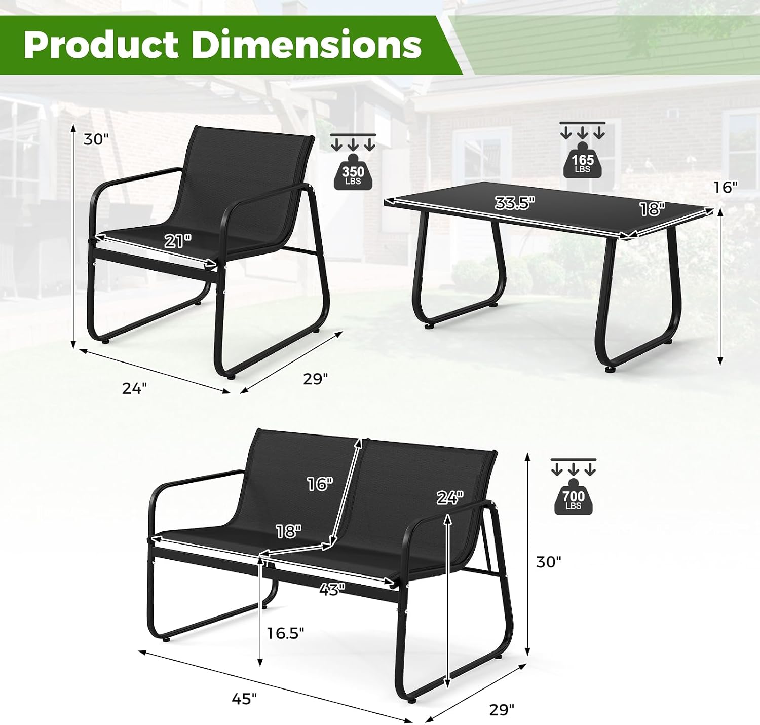 Tangkula 4 Piece Patio Furniture Set, Outdoor Metal Conversation Chair & Coffee Table Set with Mesh Seat Fabric & Tempered Glass Tabletop, Outside Bistro Set for Backyard, Porch, Poolside (1, Black)