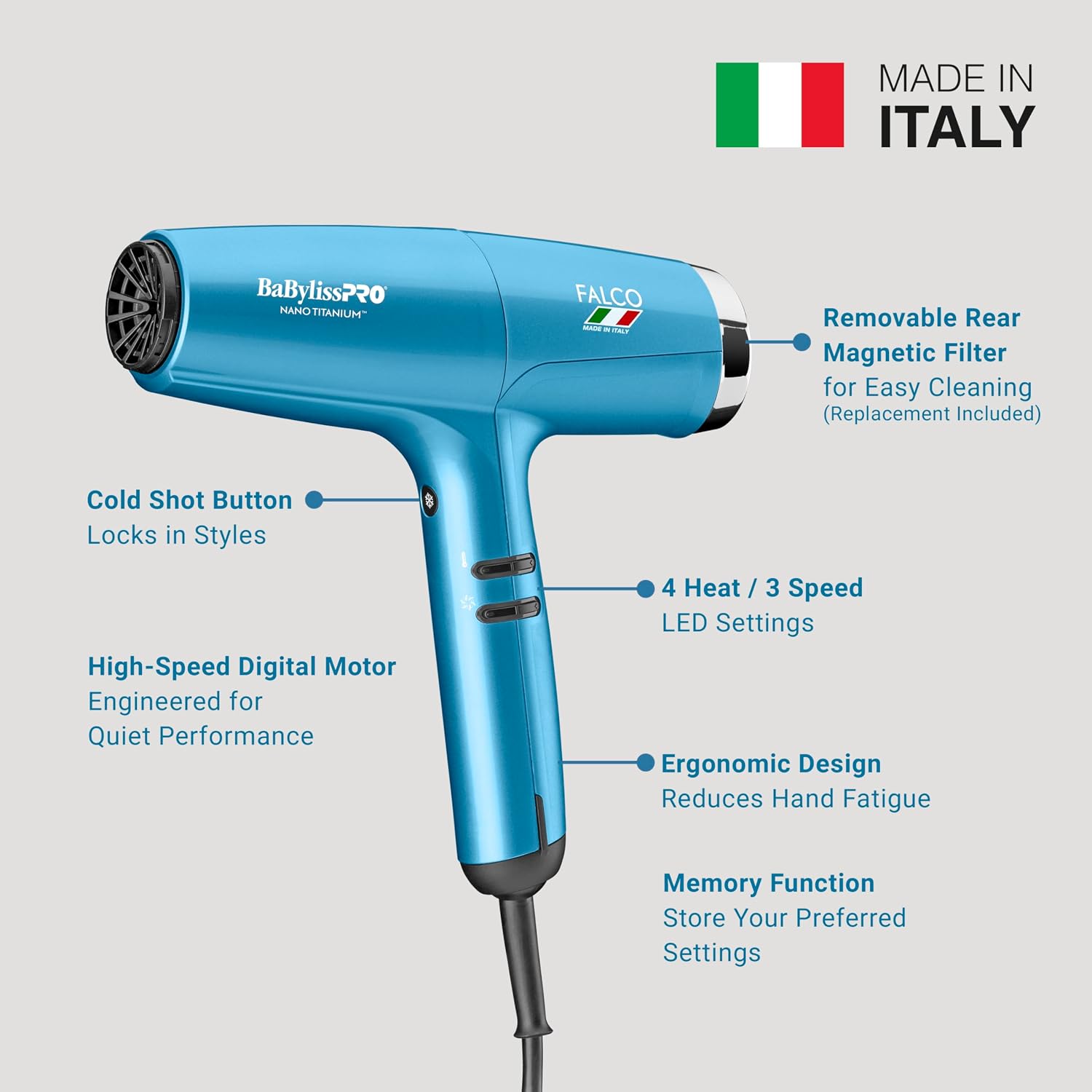 BaBylissPRO® Nano Titanium™ Professional Italian High-Speed Falco Hair Dryer - 2000 watts and Ionic