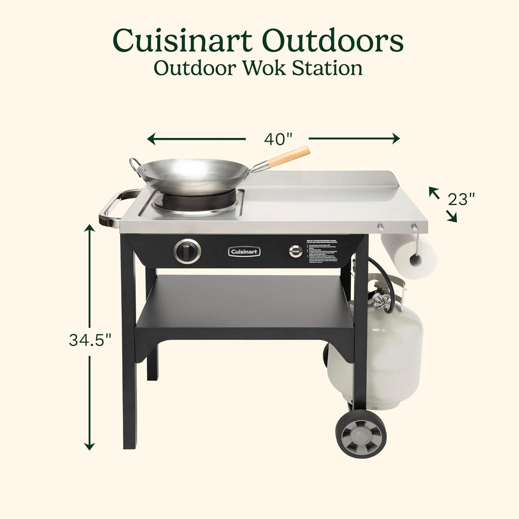 Cuisinart Outdoor Wok Station, 50,000 BTU Propane Outdoor Wok Burner with Prep Table, 14' Carbon Steel Fry Pan, Stainless Steel Side Table, Storage, Outdoor Cooking Station for Stir Fry, Searing, BBQ