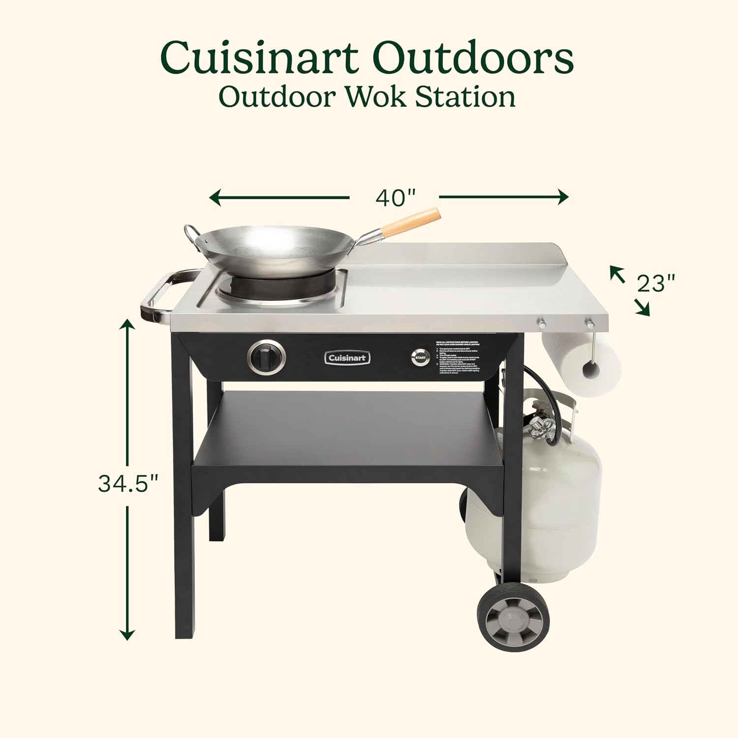 Cuisinart Outdoor Wok Station, 50,000 BTU Propane Outdoor Wok Burner with Prep Table, 14' Carbon Steel Fry Pan, Stainless Steel Side Table, Storage, Outdoor Cooking Station for Stir Fry, Searing, BBQ