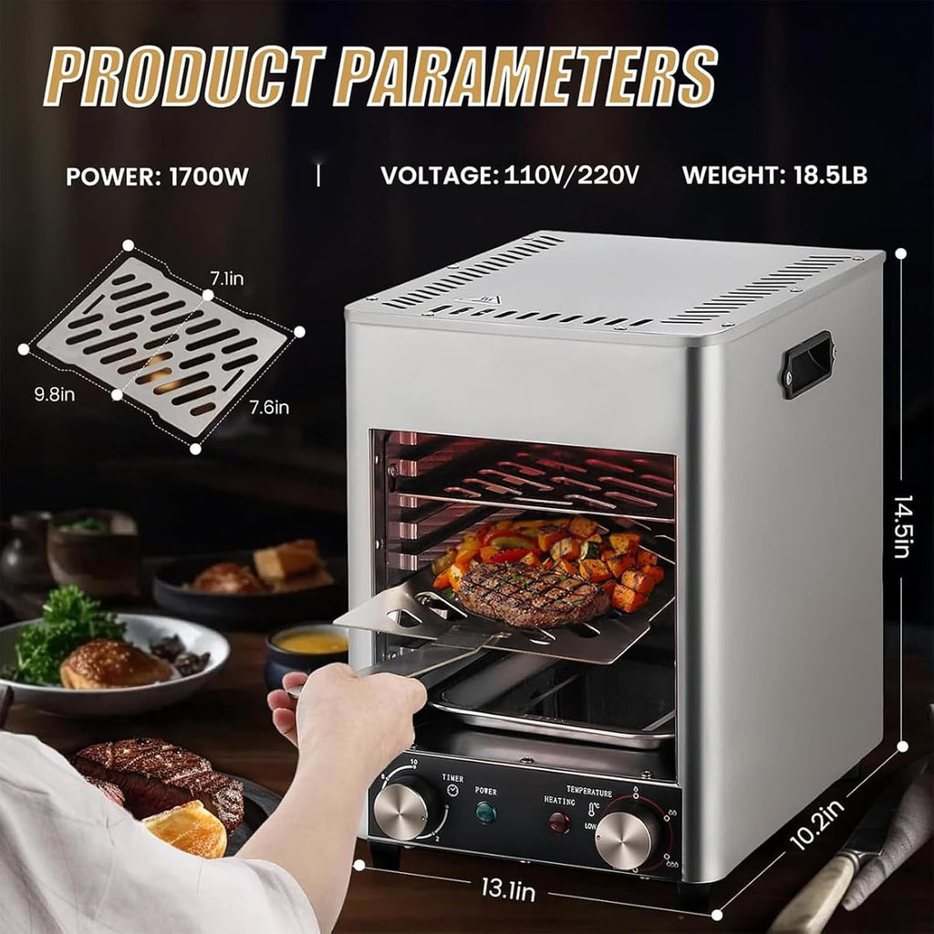 1700W Electric Steak Grill, Portable Smokeless Infrared Electric Broiler, 1472°F Stainless Steel Steak Cooker with 10-Layer Grill, Electric Infrared Grill for BBQ, Toast, Grill, Indoor