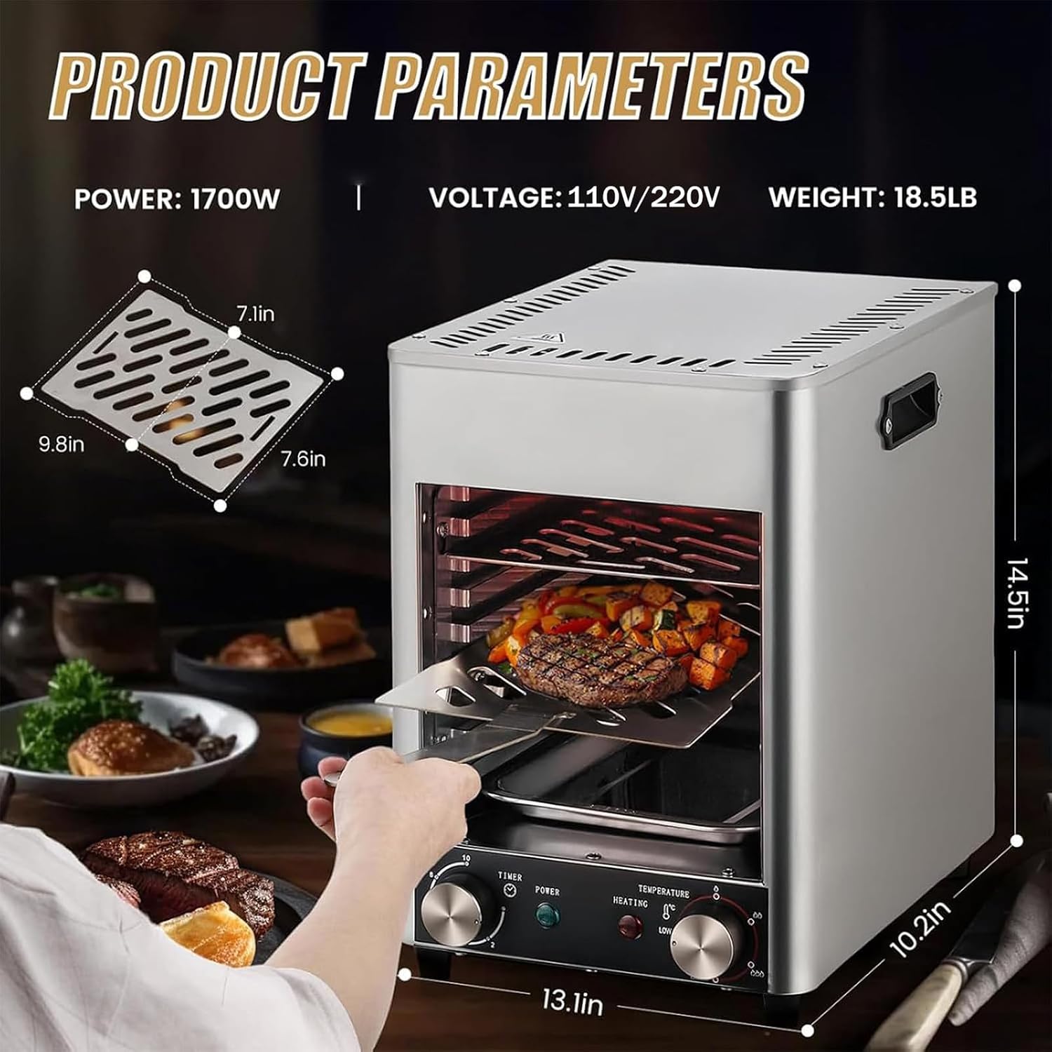 1700W Electric Steak Grill, Portable Smokeless Infrared Electric Broiler, 1472°F Stainless Steel Steak Cooker with 10-Layer Grill, Electric Infrared Grill for BBQ, Toast, Grill, Indoor