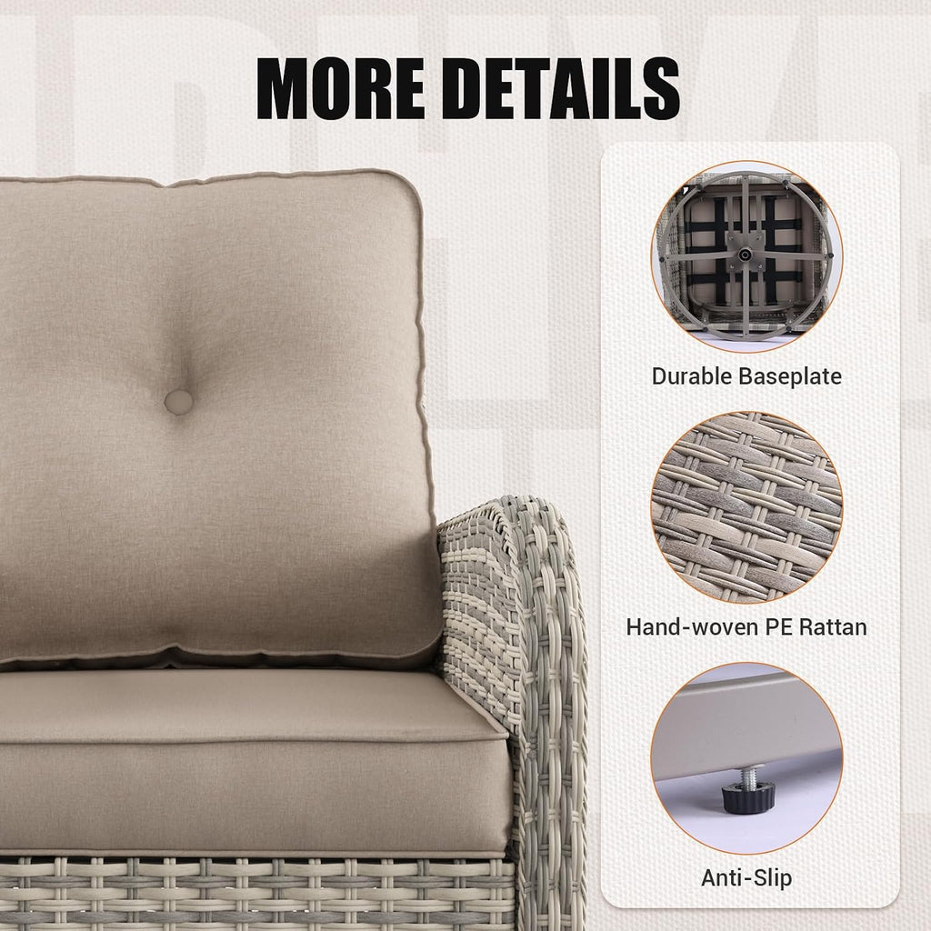 10Pcs Patio Rocking Swivel Chair with 55,000 BTU Fire Pit Table Outdoor Wicker Rattan Bistro Set with Tempered Glass Side Table, Outdoor Patio Furniture Set for Garden and Balcony, Beige