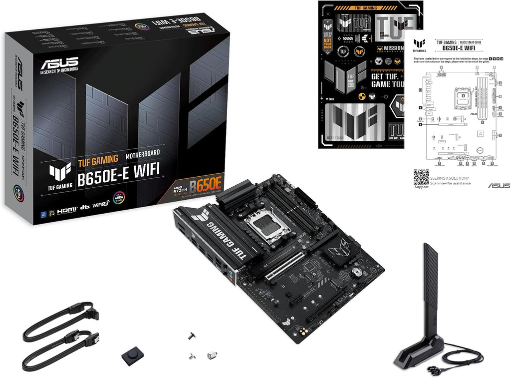 ASUS TUF GAMING B650E-E WIFI AMD AM5 B650 ATX motherboard, 8+2+1 80A DrMOS stage, DDR5, PCIe 5.0 Ready, 3x M.2, Wi-Fi 6E, 2.5 Gb LAN, DisplayPort, HDMI™, USB 20Gbps Type-C®, BIOS FlashBack™, Aura Sync