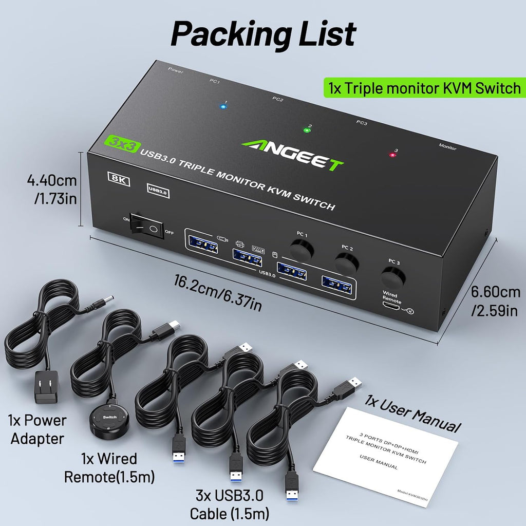 KVM Switch 3 Monitors 4 Computers 4K@60Hz,EDID Simulation,HDMI Displayport Triple Monitor KVM Switch,3 Monitor KVM with 4 USB 3.0 Ports for Keyboard Mouse, Wired Remote and 4 USB3.0 Cables Included