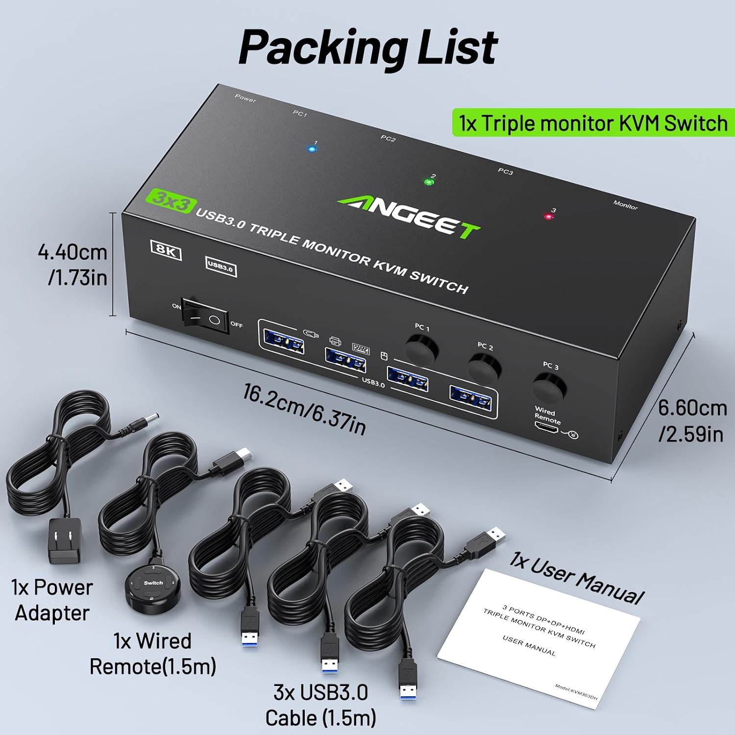 KVM Switch 3 Monitors 4 Computers 4K@60Hz,EDID Simulation,HDMI Displayport Triple Monitor KVM Switch,3 Monitor KVM with 4 USB 3.0 Ports for Keyboard Mouse, Wired Remote and 4 USB3.0 Cables Included