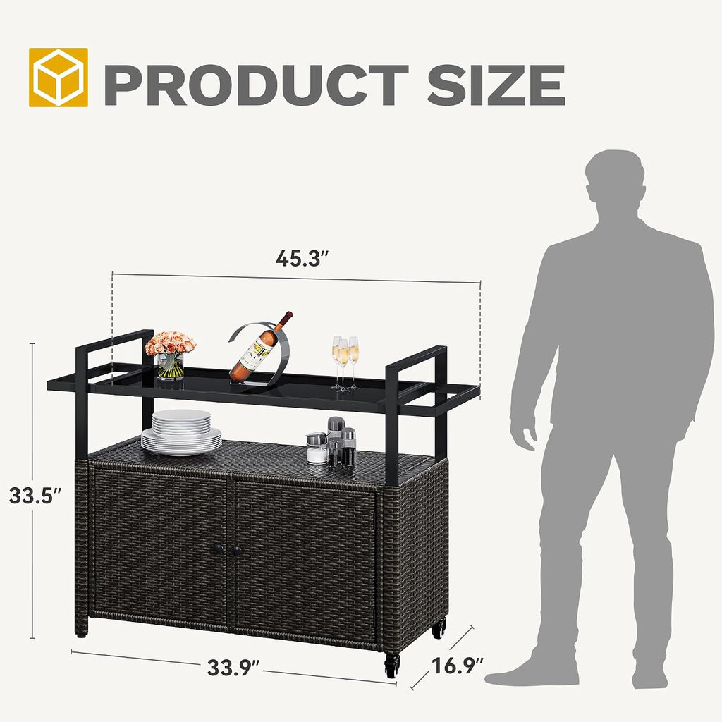 DWVO Outdoor Kitchen Island,Patio Buffet Cabinet with Storage, Bar Cart with Glass Top,Patio Storage Cabinet with Wheels,Outdoor Bar Table for Poolside and Backyard,Black