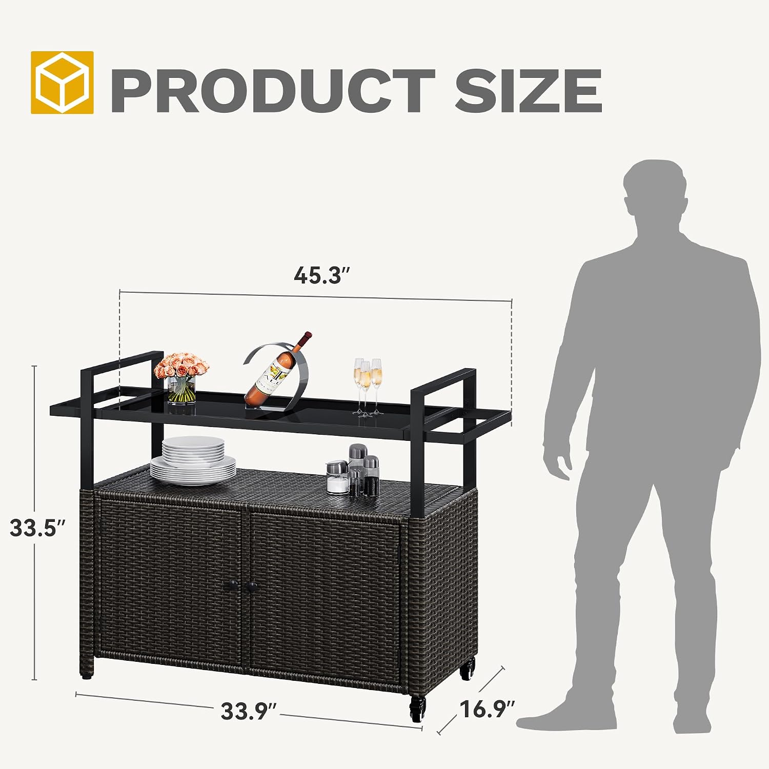 DWVO Outdoor Kitchen Island,Patio Buffet Cabinet with Storage, Bar Cart with Glass Top,Patio Storage Cabinet with Wheels,Outdoor Bar Table for Poolside and Backyard,Black