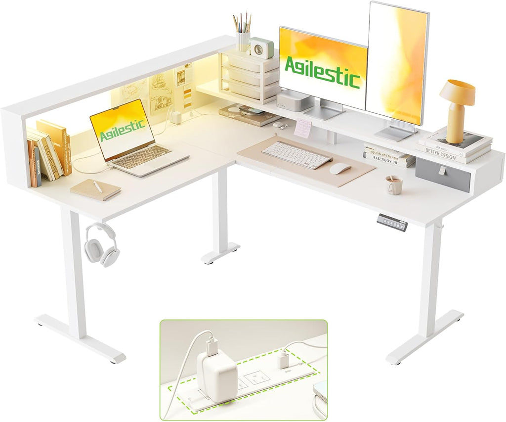 Agilestic L-Shaped Electric Standing Desk, 63x55 Inch Ergonomic Adjustable Height Desk with Storage, Stand Up Corner Desk Sit Stand Computer Table Power Outlet & LED Lights, Office Table, White
