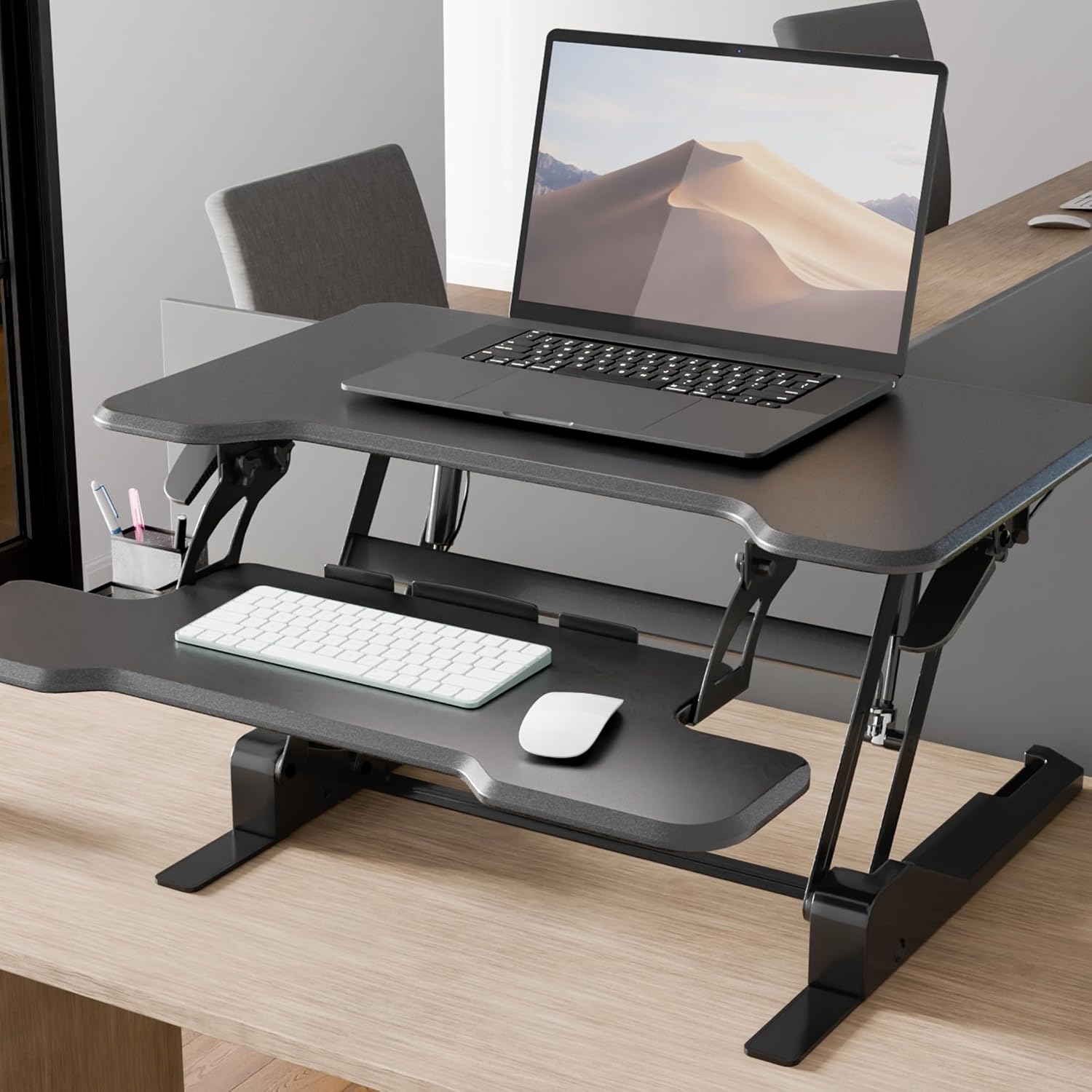 Mount-It! Height Adjustable Standing Desk Converter, Compact 30' Wide Tabletop Standing Desk Riser with Gas Spring, Desktop Stand Up Workstation with Keyboard Tray Fits Monitor or Laptop, Black