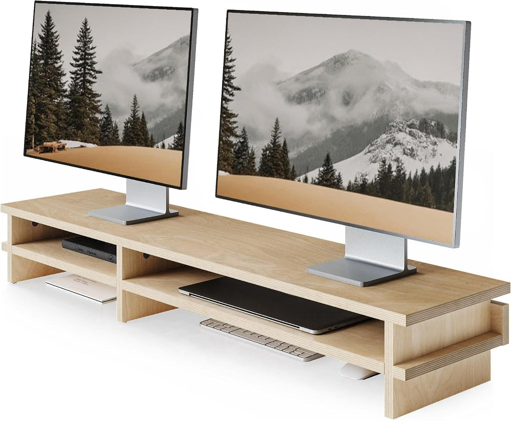 Fenge Dual Monitor Stand, 39.4in Wood Monitor Riser for 2 Monitors, 2 Tiers Desk Shelf with Cable Mangement for Top of Desk, Computer Stand for Laptop, PC, Printer