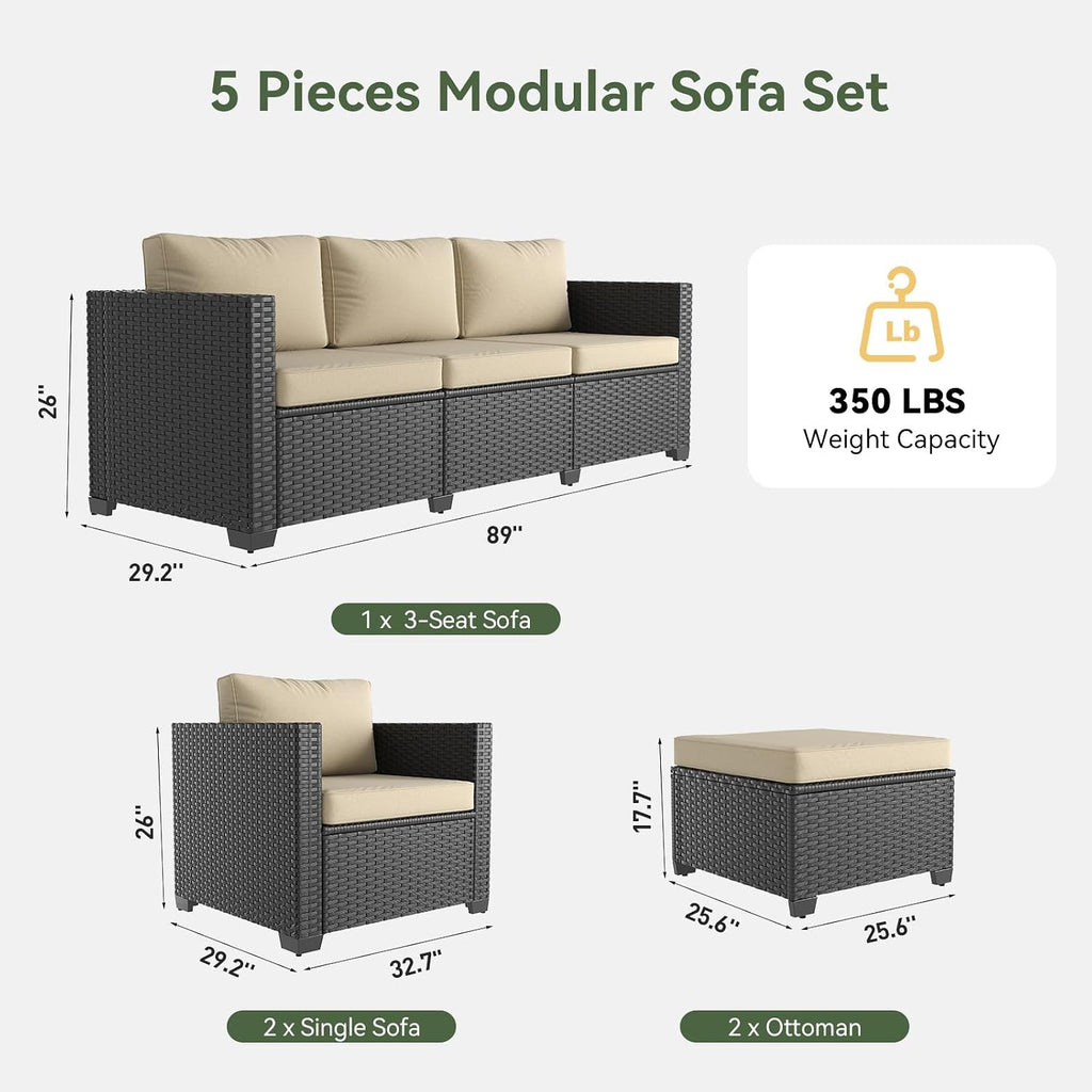 Aoxun Patio Furniture Set, 5 Piece Outdoor Sectional Sofa with Ottomans, Wicker Outdoor Furniture Conversation Sets with Waterproof Cover for Backyard Beige