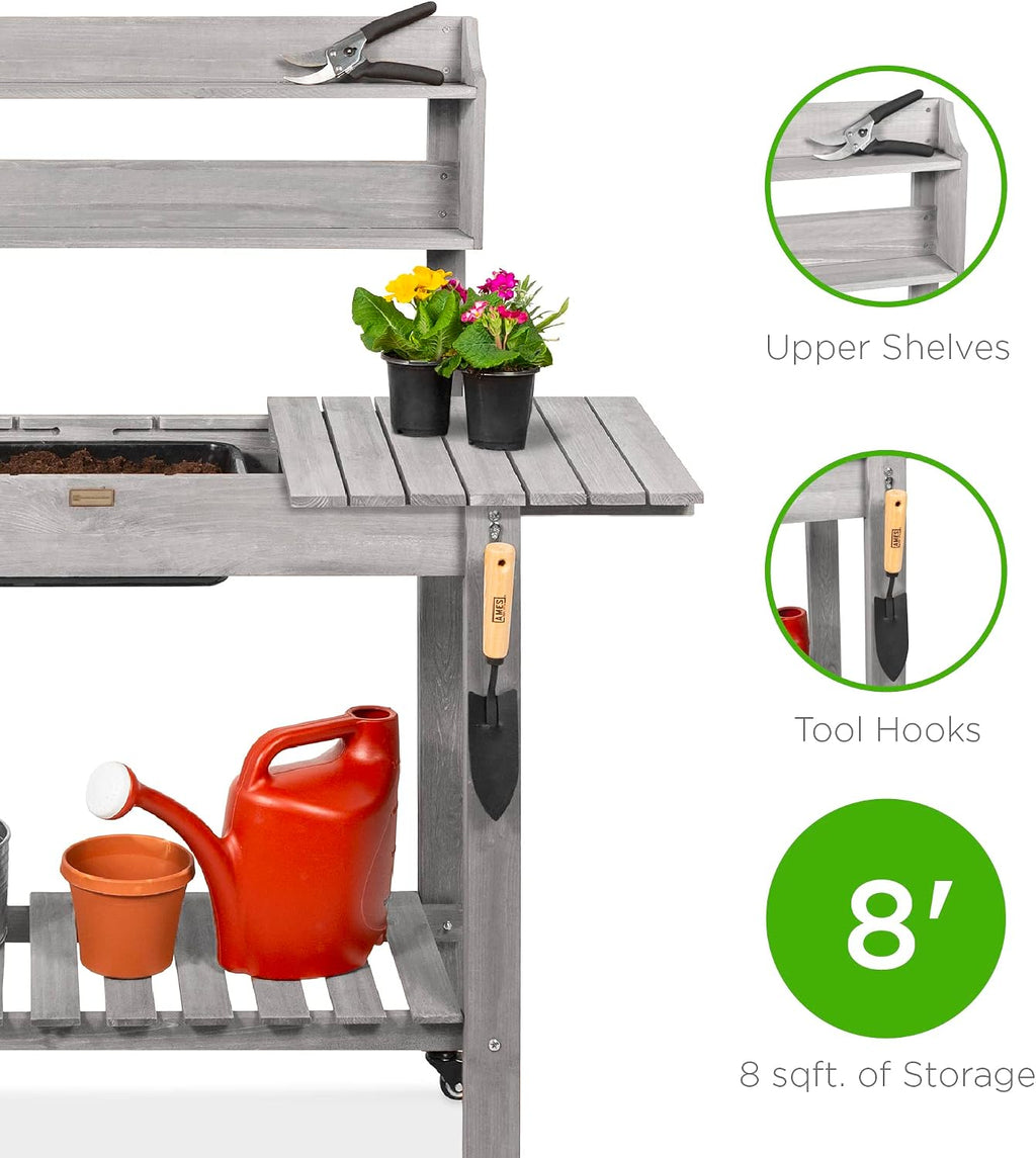 Best Choice Products Mobile Garden Potting Bench, Outdoor Wood Workstation Table w/Sliding Tabletop, 4 Locking Wheels, Food Grade Dry Sink, Storage Shelves - Gray