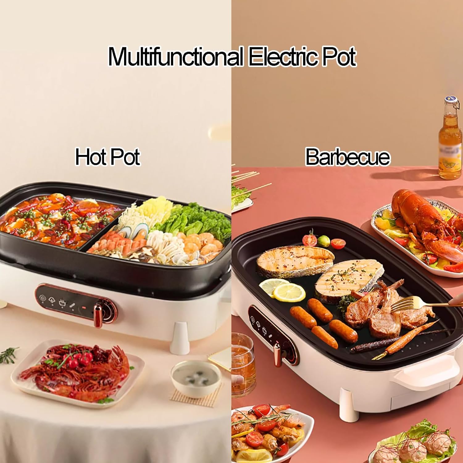 Electric Pot with Removable Pan 1200W Hot Pot with Electric Grill Adjustable Temperature Nonstick Multifunction Electric Skillet with Glass Lid