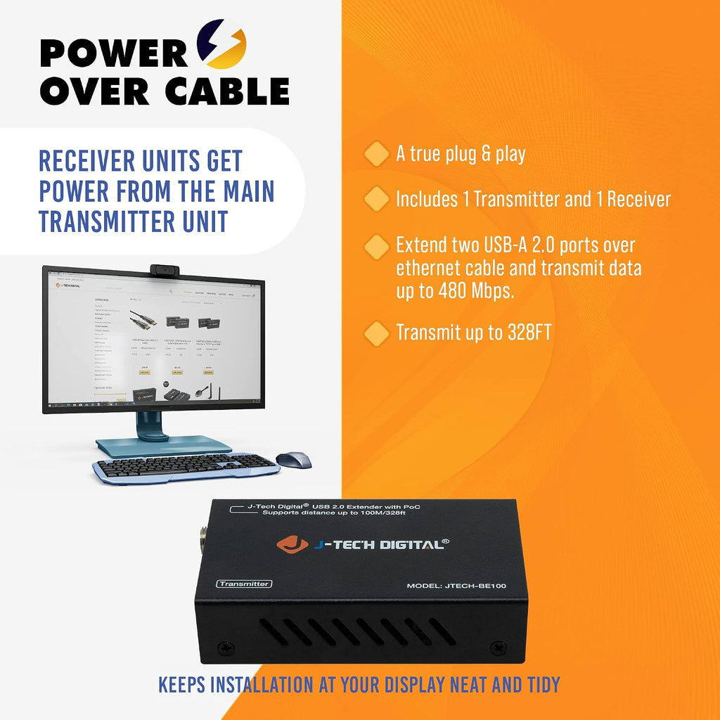 J-Tech Digital USB Over Ethernet Extender USB Balun Over cat5e cat6 99m/328ft PoC, Play and Plug, No Driver Needed, USB2.0 for Game Controller, MAC & PC and USB2.0 Supported Devices [JTECH-BE100]