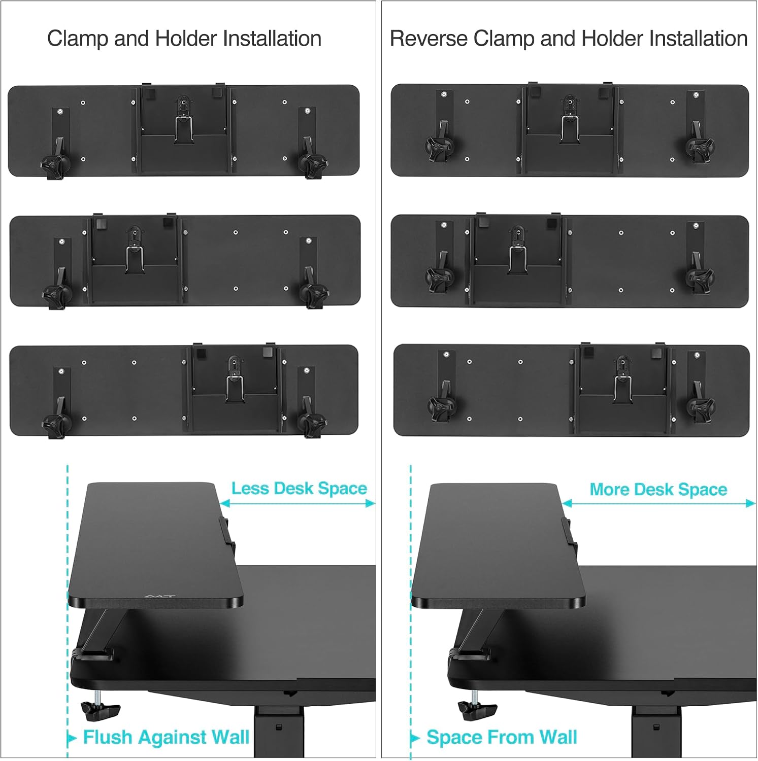 AVLT Clamp Desk Shelf Dual 32' Monitor Clamp-On Monitor Riser With Slide Out Holder For Convertible Laptop Tablet Smartphone (Black) - Floating Monitor Stand (Shelf Only)