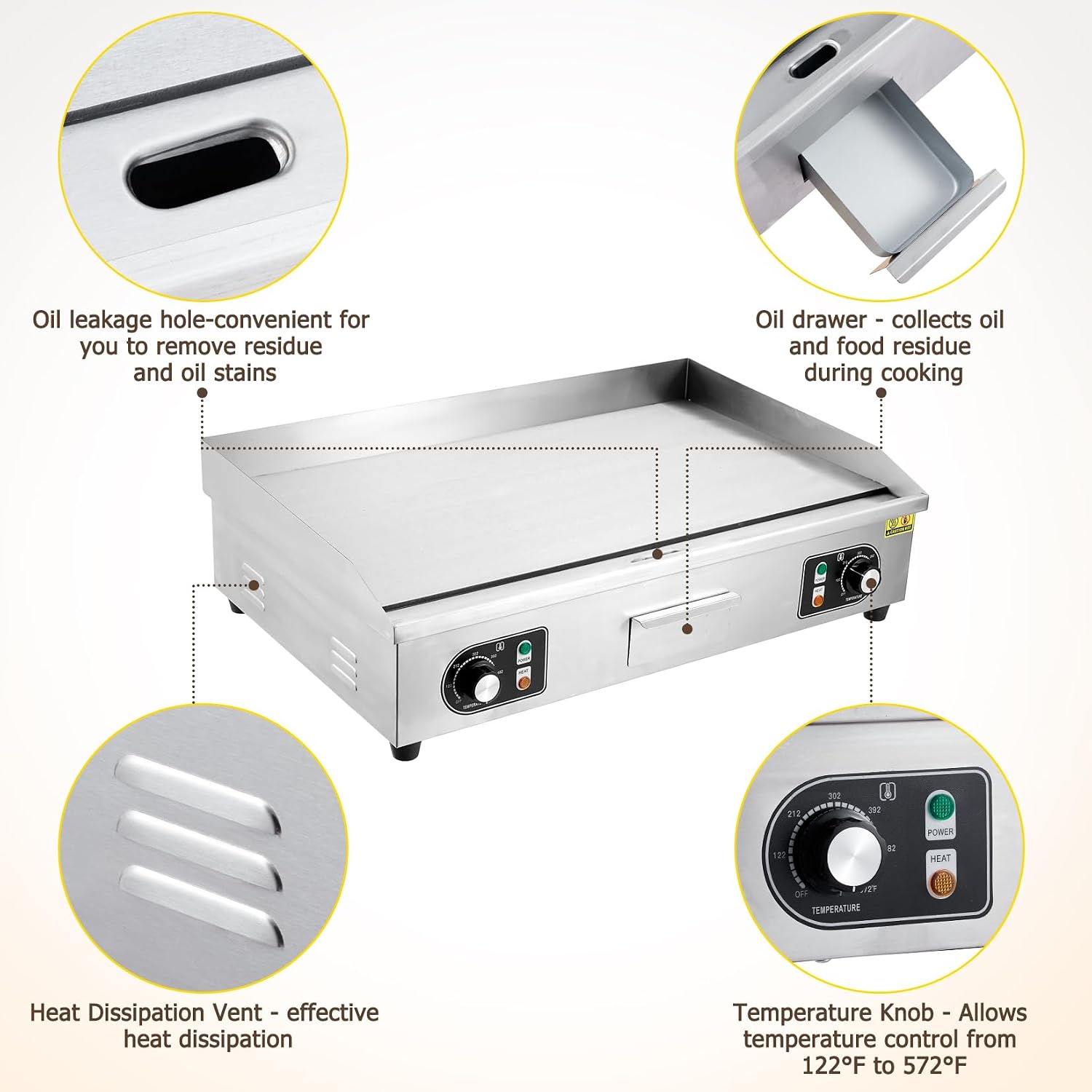GarveeTech 22 in Commercial Electric Grill, 1600W Electric Countertop Grill Non-Stick Electric Grill Plate 110V Teppanyaki Flat Grill Stainless Steel Adjustable Temperature Control 122°F-572°F