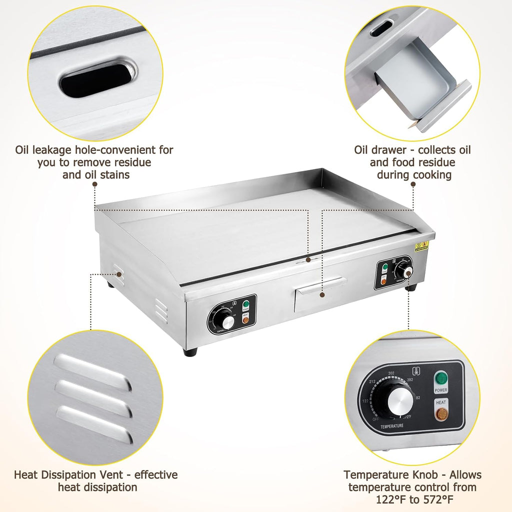GarveeTech 30 in Commercial Electric Grill 3000W Electric Countertop Grill Non-Stick Electric Grill Plate 110V Teppanyaki Flat Grill Stainless Steel Adjustable Temperature Control 122°F-572°F