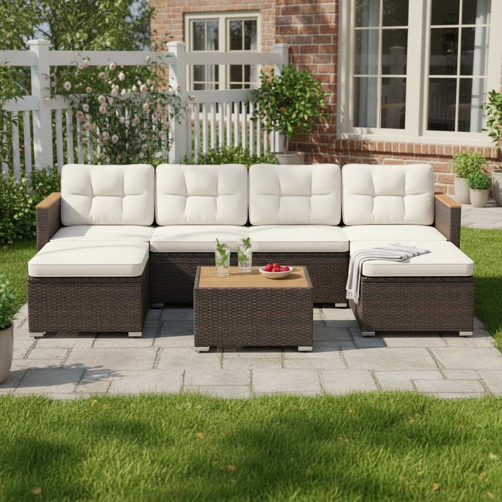 Tangkula 7 Pieces U Shape Outdoor Furniture Set, Patio Rattan Cushioned Chairs & Coffee Table Set, Outdoor Sectional Conversation Sofa with Wood Armrests & Tabletop for Backyard, Porch, Balcony