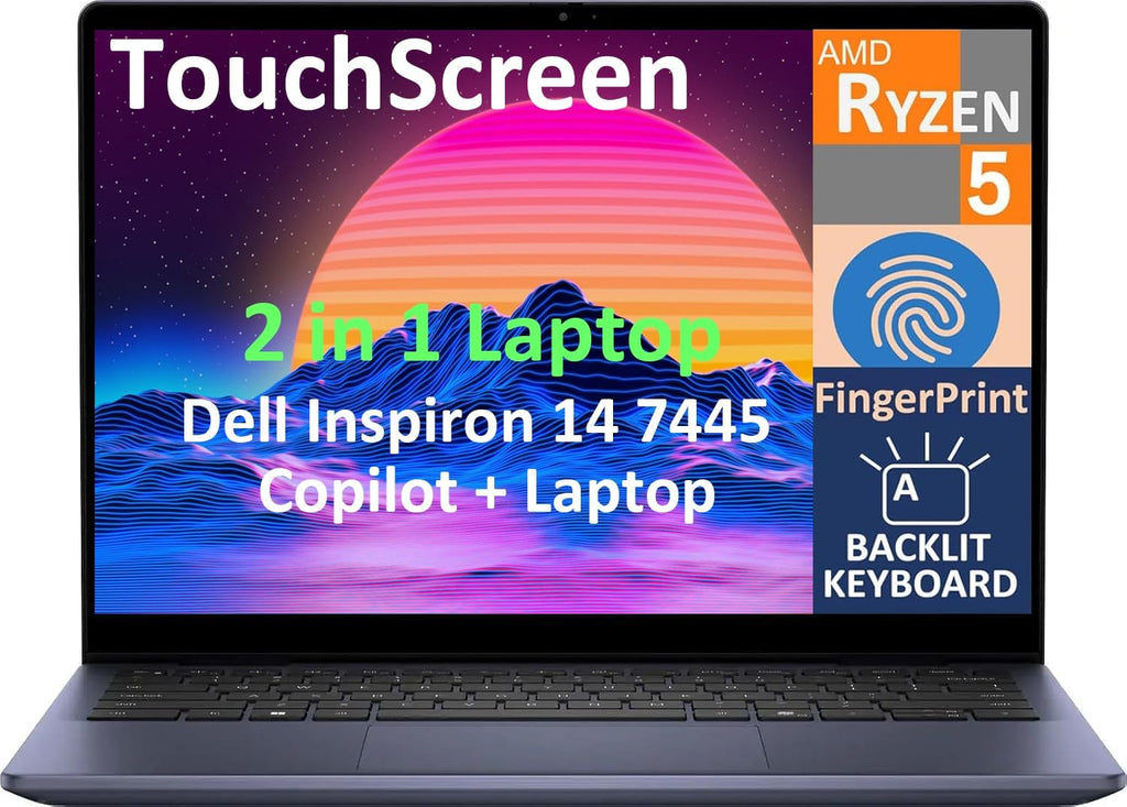 Dell 2026 Inspiron 14 7445 2-in-1 Business Laptop, 14.0' Touchscreen IPS FHD+ Display (AMD Ryzen 5 8640HS, 8GB DDR5, 512GB SSD, AI Copilot, Backlit KYB, Fingerprint, WiFi 6E, BT 5.3, Win 11 Home)