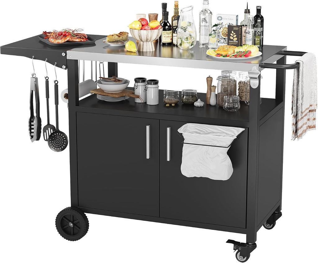 Vongrasig Outdoor Grill Cart, Patio Kitchen Island with Storage, Outdoor Bar Table BBQ Cart Pizza Oven Table with Foldable Stainless Steel Top & Wheels, Black