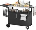 Vongrasig Outdoor Grill Cart, Patio Kitchen Island with Storage, Outdoor Bar Table BBQ Cart Pizza Oven Table with Foldable Stainless Steel Top & Wheels, Black