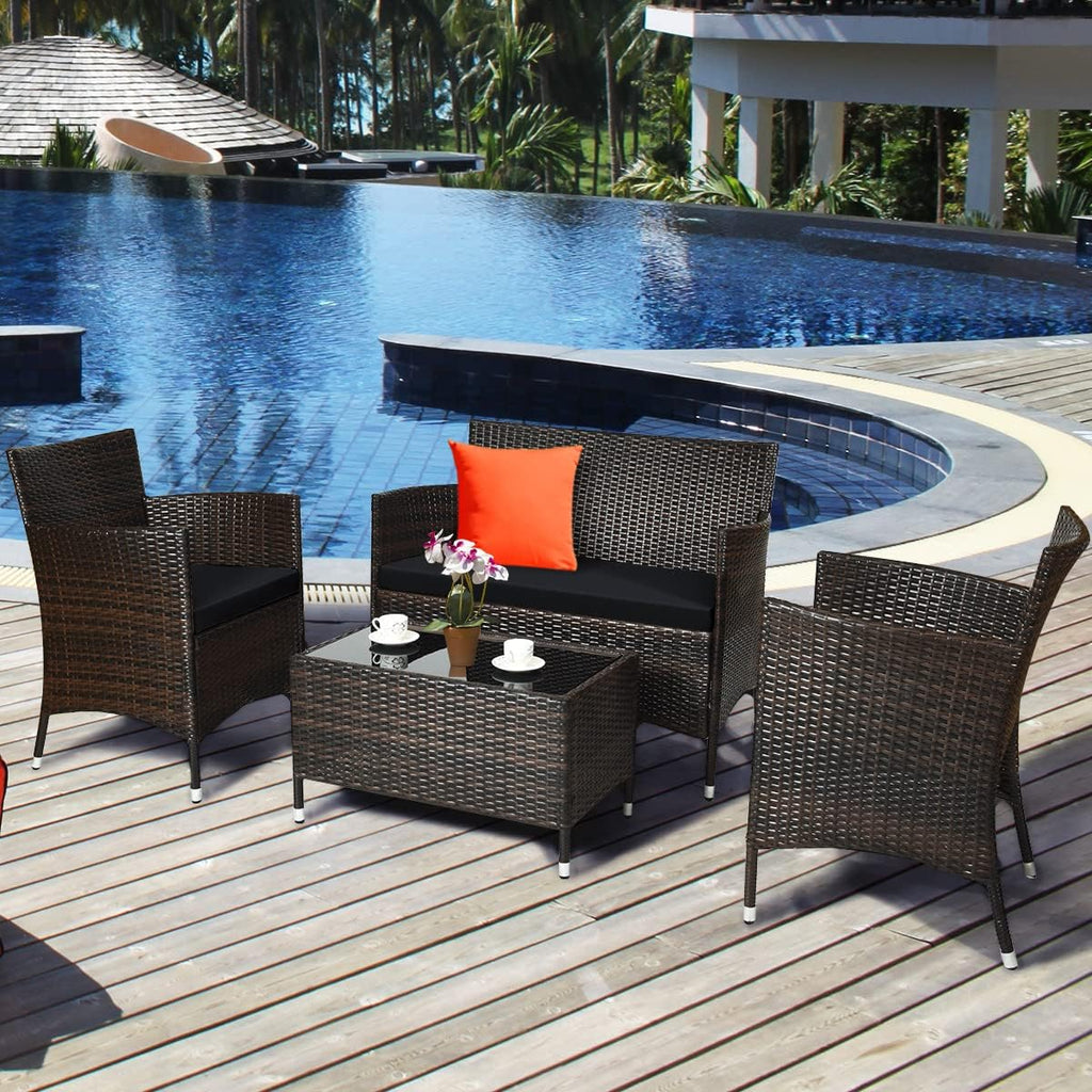 COSTWAY 8PCS Rattan Patio Furniture Set, Outdoor Wicker Rattan Chairs with Coffee Table, Rattan Cushioned Conversation Set for Backyard Balcony Porch Poolside, Black