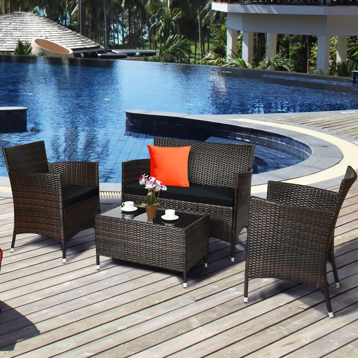 COSTWAY 8PCS Rattan Patio Furniture Set, Outdoor Wicker Rattan Chairs with Coffee Table, Rattan Cushioned Conversation Set for Backyard Balcony Porch Poolside, Black