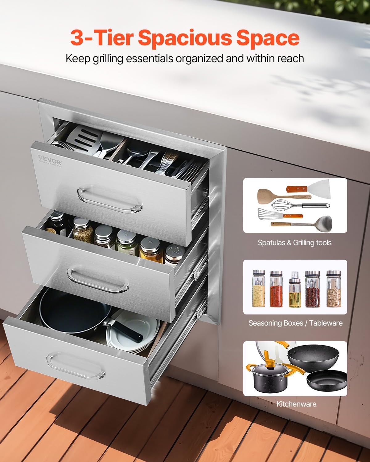 VEVOR Outdoor Kitchen Drawer 16' W x 21.5' H x 18' D, Outdoor Kitchen Cabinets, BBQ Drawer Stainless Steel, Flush Mount Triple Access, with Handle, BBQ Island, Outdoor Grill Patio Grill Station