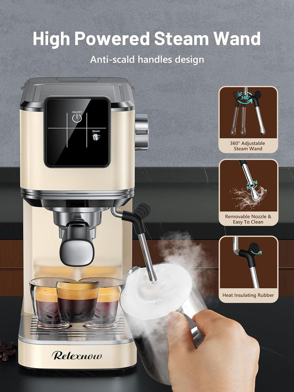 RELEXNOW Espresso Machine, 20 Bar Espresso Maker Milk Frother & LCD Panel, Hot & Iced Coffee Machine, Stainless Steel Espresso Coffee Machine with 41oz Water Tank for Cappuccino, Latte