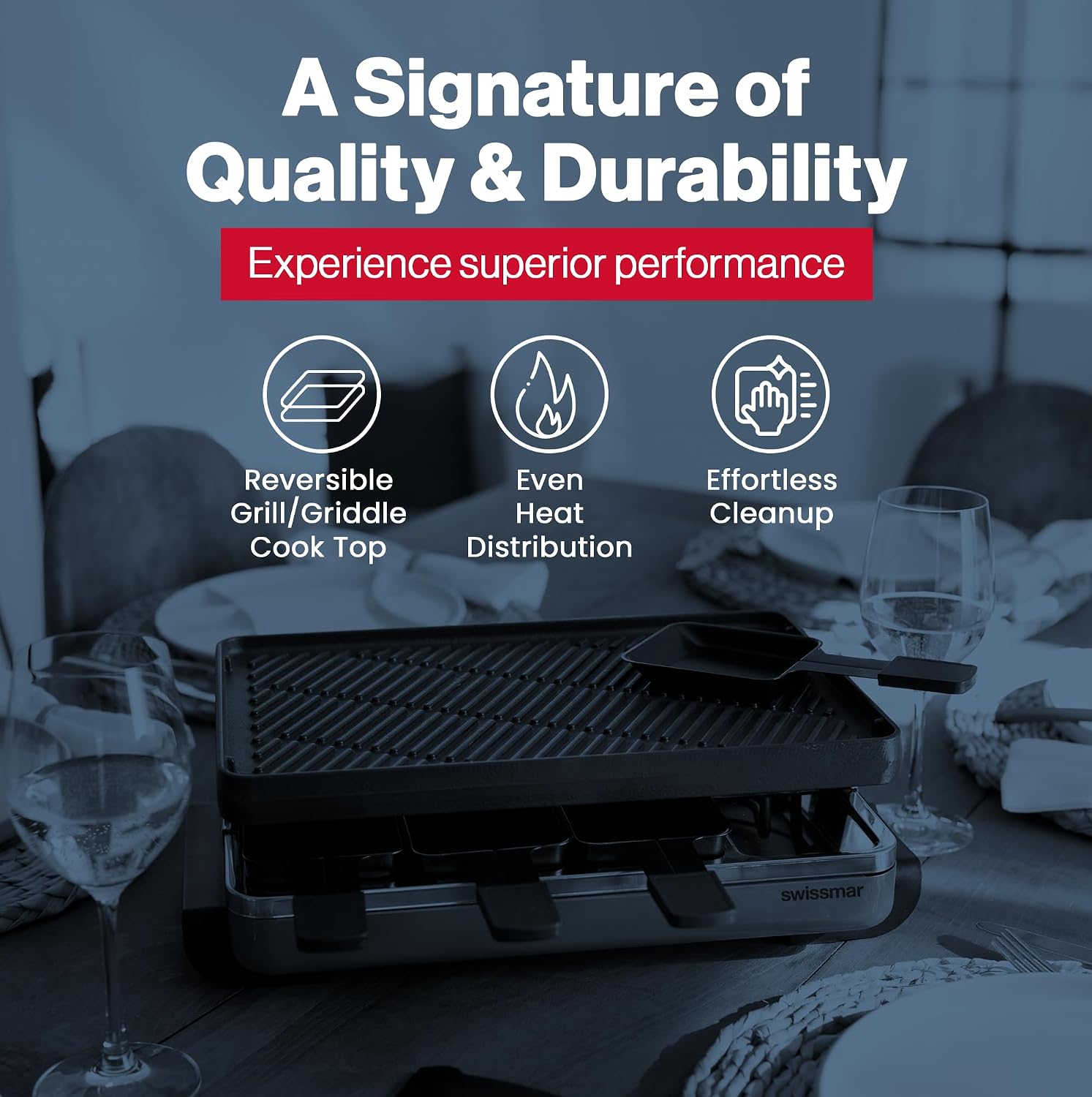 Swissmar Classic 8-Person Raclette Party Grill with Reversible Cast Iron Grill Plate/Crepe Top, Indoor Electric Raclette Grill & Griller - Red