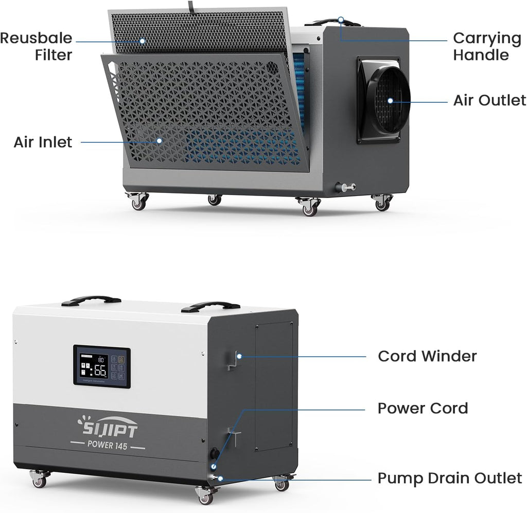145 Pint Commercial Dehumidifier with Pump, Dehumidifiers for Crawl Space & Basement with Drain Hose, Industrial Dehumidifier with Swivel Caster for Large Space, Large Capacity, Auto Defrost
