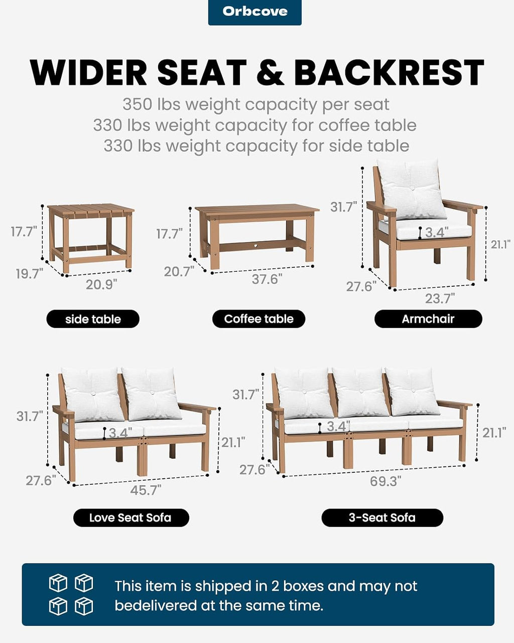 3 Piece Patio Furniture Set, HDPE Wood Grain Outdoor Loveseat and Coffee Table, Patio Conversation Set with Cushions for Porch, Lawn, Garden (Teak