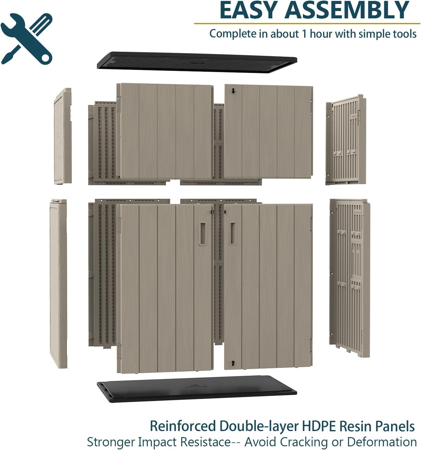 HOMSPARK 57 Cu.Ft Outdoor Storage Shed Weather Resistant, Multi Functional | Double-Wall Resin Storage Sheds & Outdoor Storage Box Waterproof for Backyard Garden Patio Lawn (Brown)